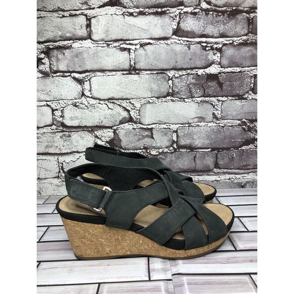 Clarks Unstructured Black Leather Criss Cross Strap Cork Wedge Sandals Women 7M - Picture 16 of 16